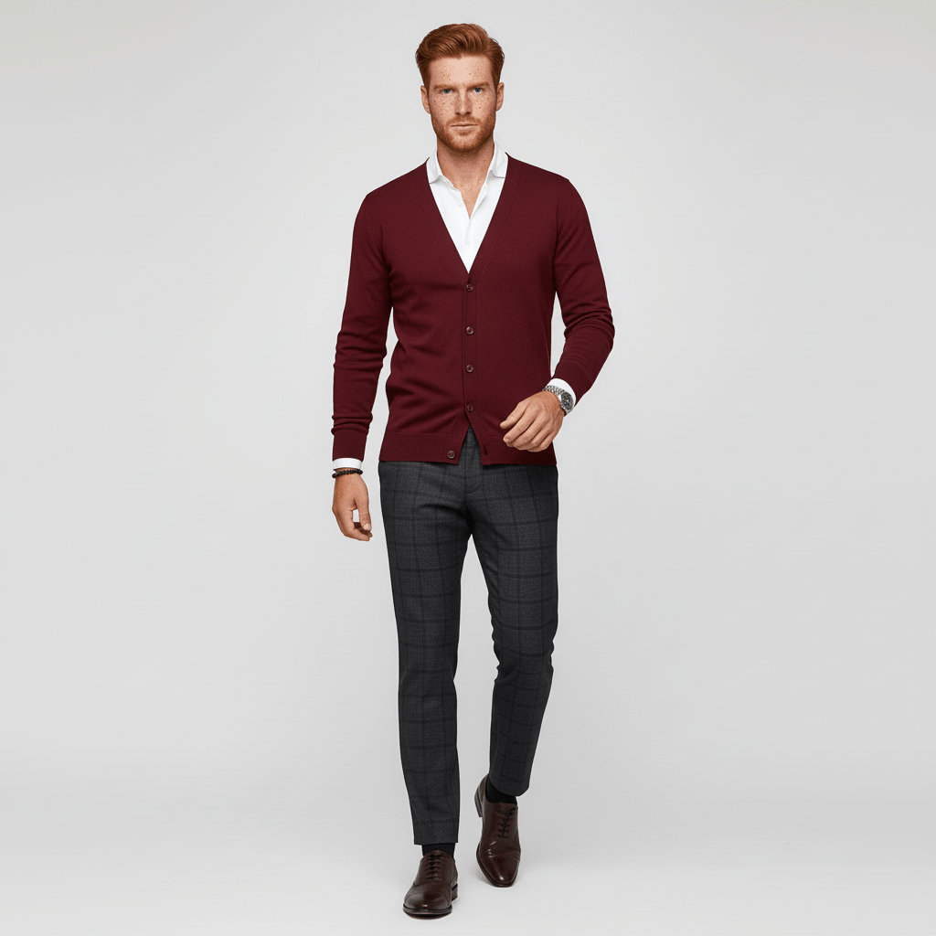 Elegant herrkofta med V-ringning och slim fit passform, perfekt för lager på lager eller som stilren vardagsoutfit.