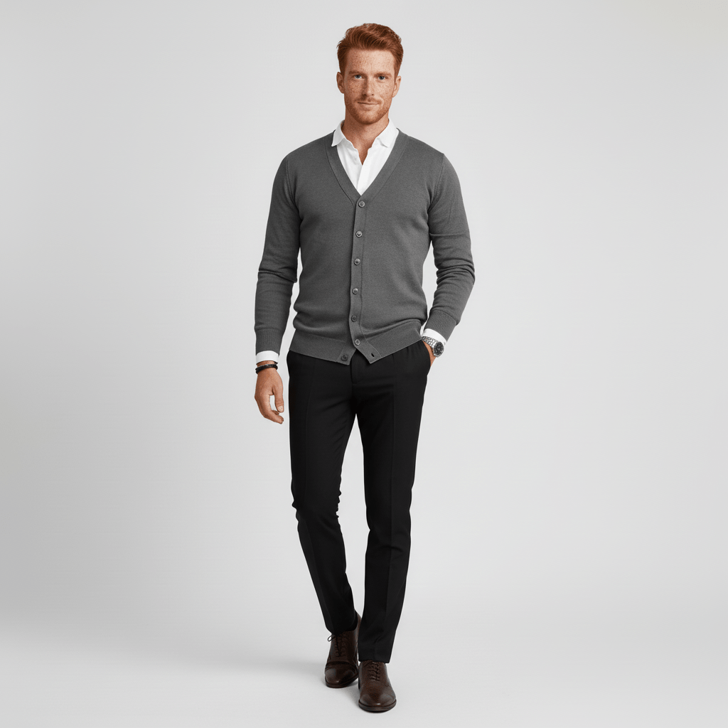 Modern slim fit herrkofta med V-ringning. Långärmad och elegant för både formella och avslappnade outfits.