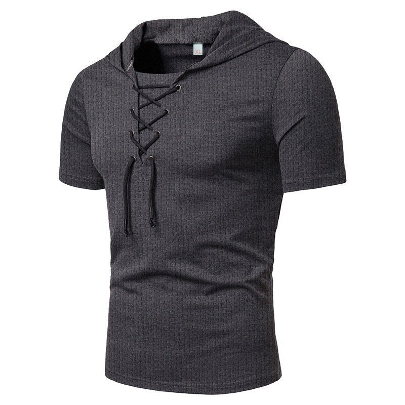 "Herr sommar t-shirt med dragsko, kortärmad, enfärgad polyester för avslappnad stil i varmt väder"