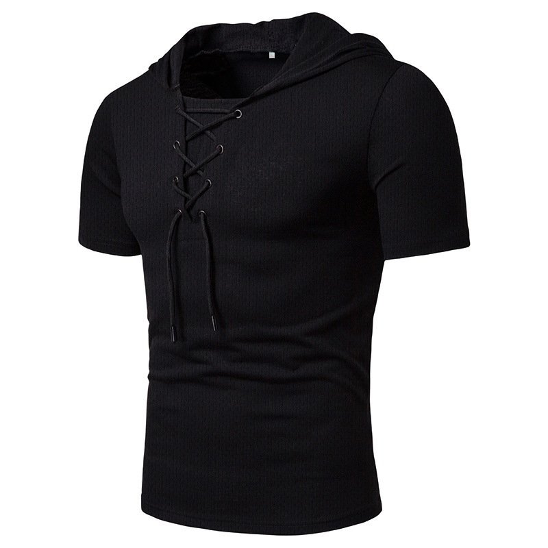 "Herr sommar t-shirt med dragsko, kortärmad, enfärgad polyester för avslappnad stil i varmt väder"
