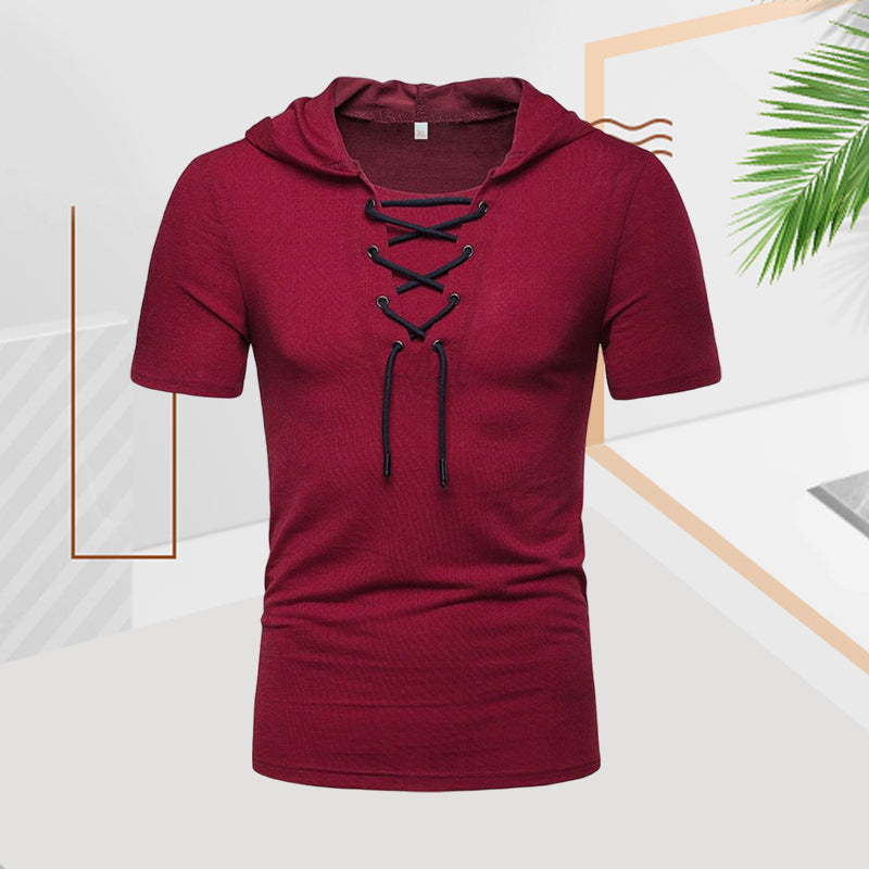 "Herr sommar t-shirt med dragsko, kortärmad, enfärgad polyester för avslappnad stil i varmt väder"
