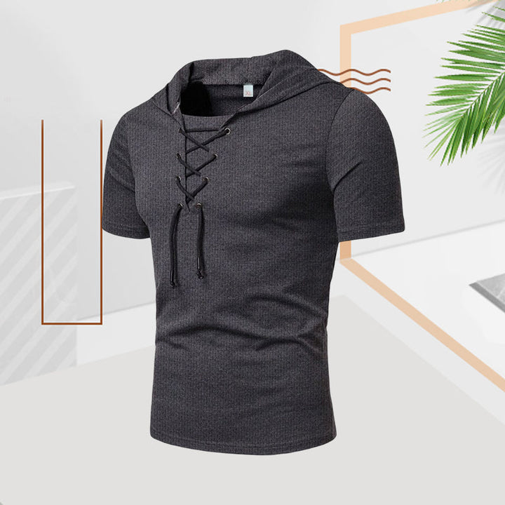 "Herr sommar t-shirt med dragsko, kortärmad, enfärgad polyester för avslappnad stil i varmt väder"