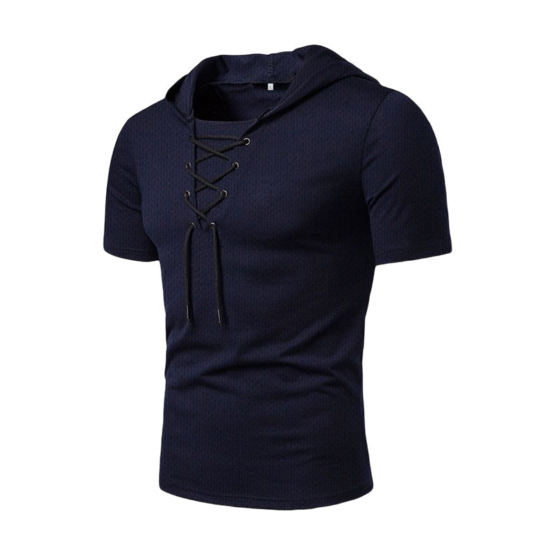 "Herr sommar t-shirt med dragsko, kortärmad, enfärgad polyester för avslappnad stil i varmt väder"