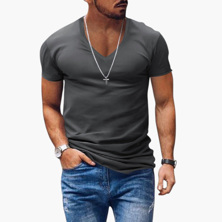 Sval herr t-shirt med v-ringning och korta ärmar, idealisk sommar T-shirt och vardagsplagg.
