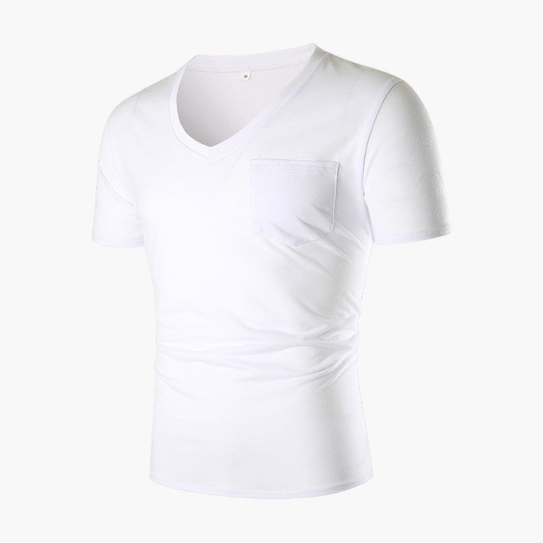 Trendig herr t-shirt, enfärgad, med v-ringning och bröstficka. Mångsidig för stilfullt herrmode.