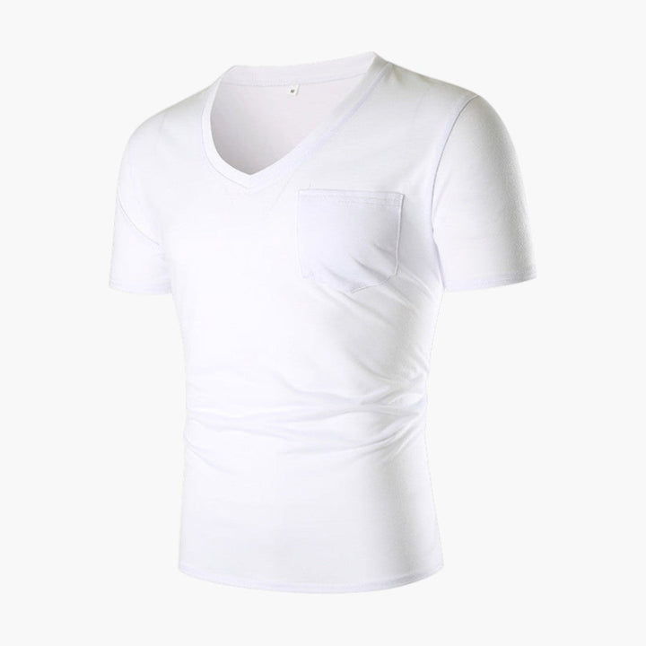 Trendig herr t-shirt, enfärgad, med v-ringning och bröstficka. Mångsidig för stilfullt herrmode.