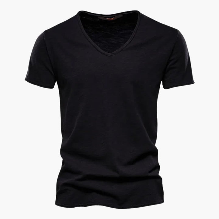 Stilren herr t-shirt med V-ringning, perfekt för sommar och fritid. Mjuk, avslappnad topp med korta ärmar.