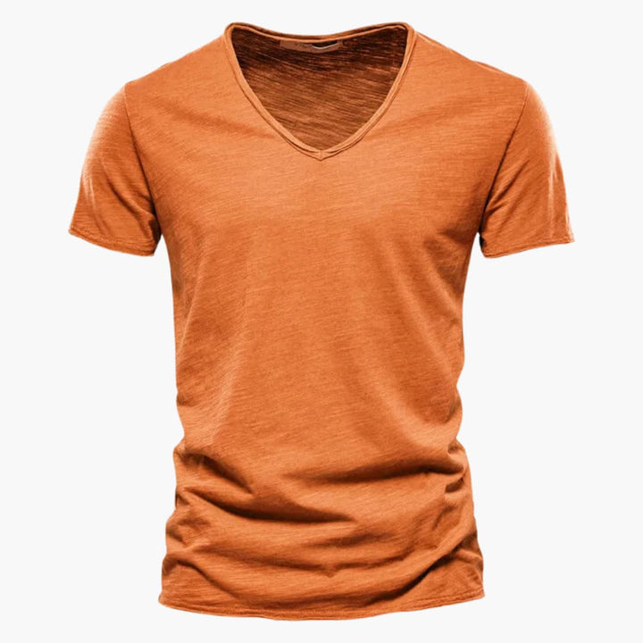 Herr t-shirt V-ringning, korta ärmar. En mångsidig topp för sommar och avslappnade herrkläder.