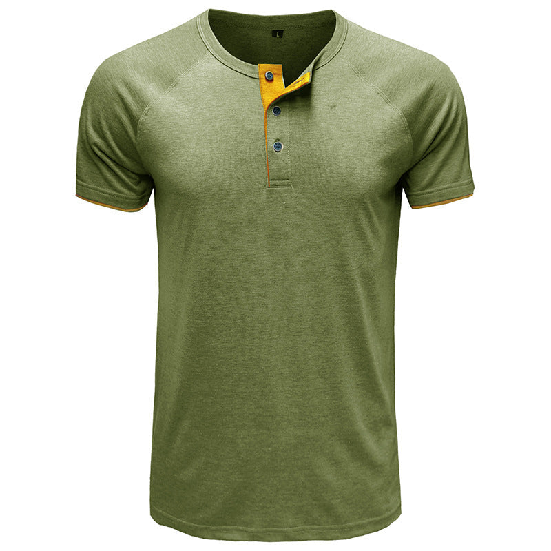 Herr V-ringad Henley T-shirt i lätt bomull, vit, modern design, perfekt för sommaren, andningsbar och bekväm.