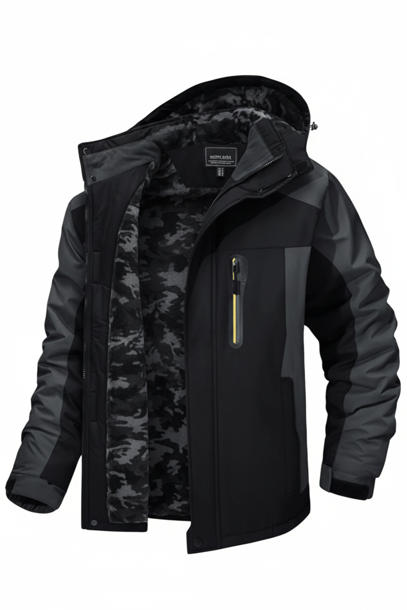 Herr vinterjacka Aidan i höstlandskap. En varm & vindtät outdoorjacka för aktiva män i urban stil.