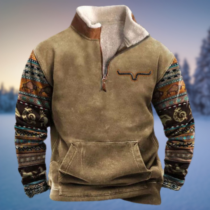 Herr Lincoln western pullover med halvdragkedja, varm & mönstrad. Perfekt casual fritidskläder.