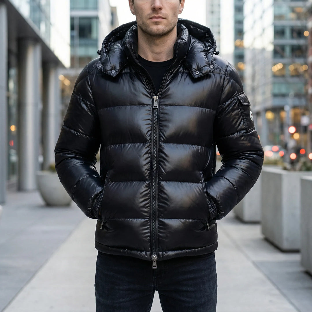 Herrarnas glansiga quiltade vinterjacka. Modern varm puffjacka för stil och komfort.