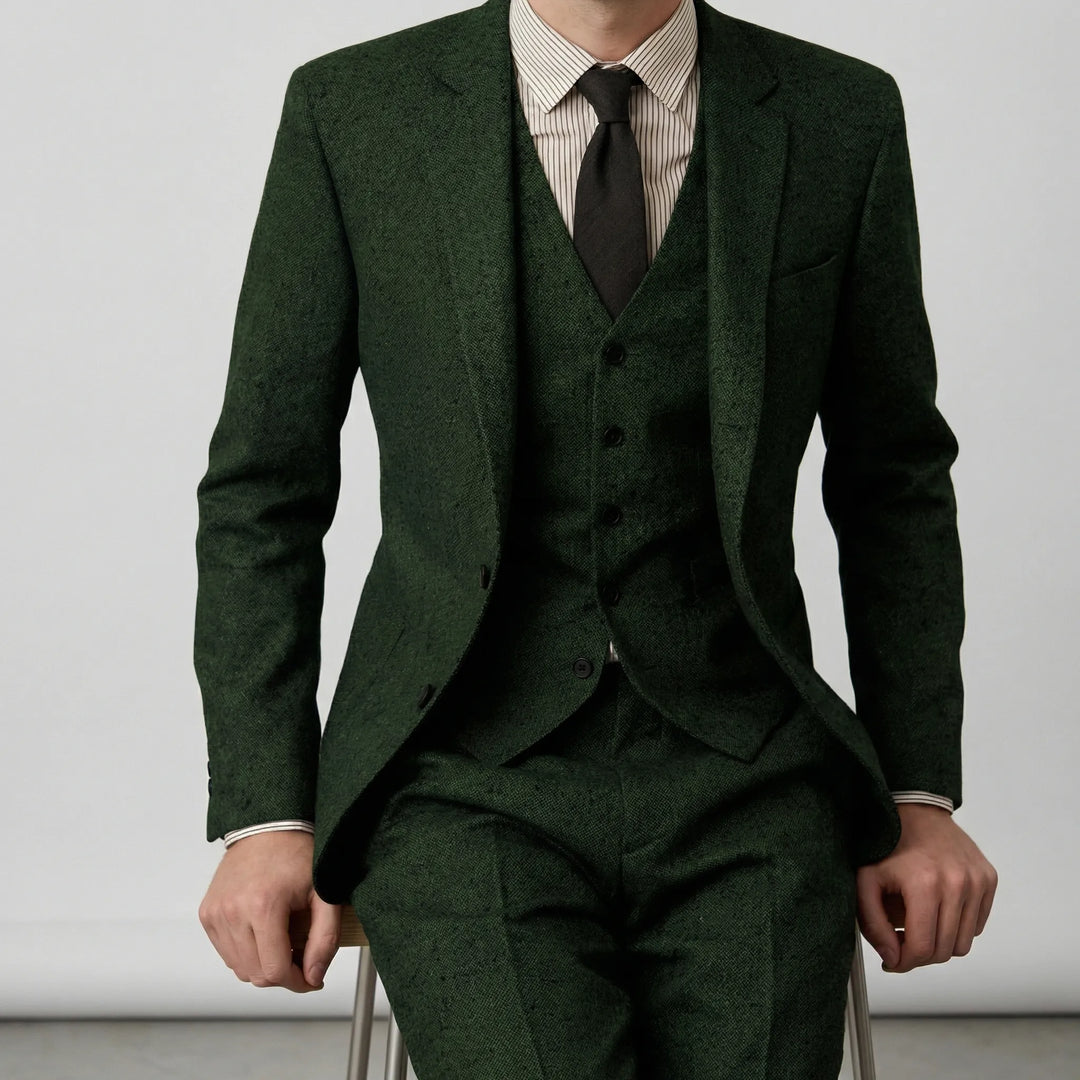 Tredelad slim fit herrdräkt: kavaj, matchande väst och byxor. Skapar en komplett och polerad look.