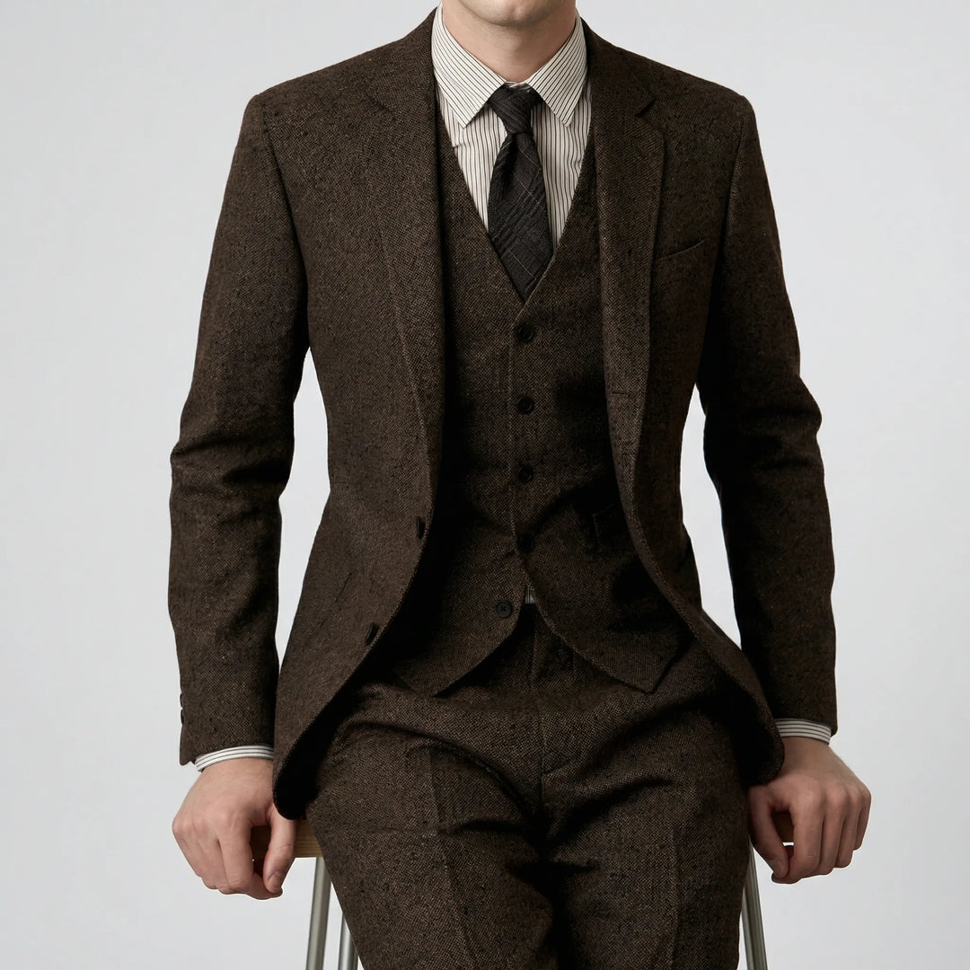 Elegant tredelad herrdräkt i slim fit, perfekt för festkläder och formella tillfällen.
