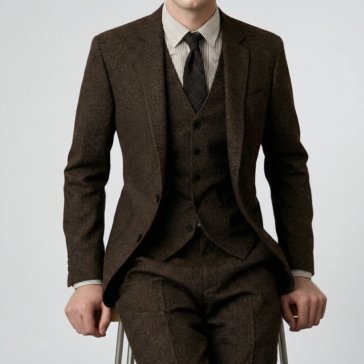 Elegant tredelad herrdräkt i slim fit, perfekt för festkläder och formella tillfällen.