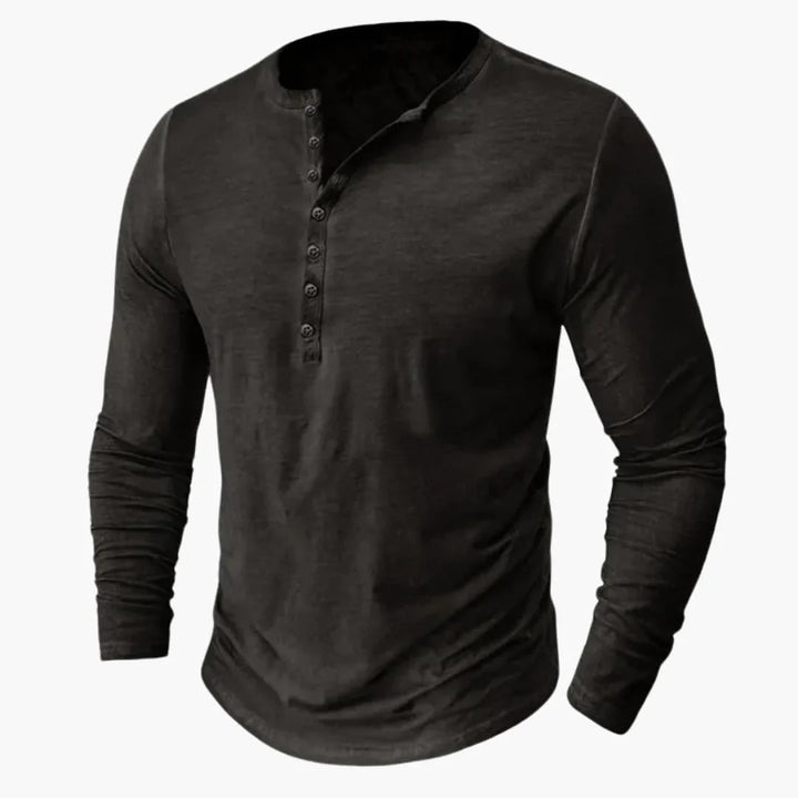 Mångsidig långärmad herrtröja med Henley-krage och knappslå. Idealisk för en avslappnad men stilren look.