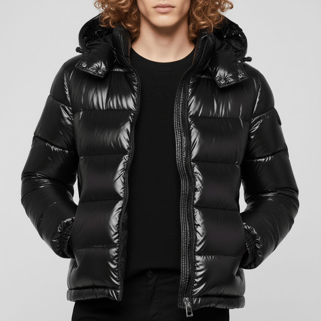 Herrarnas svarta glänsande pufferjacka 'Nate'. Varm quiltad vinterjacka för herrmode och urban stil.