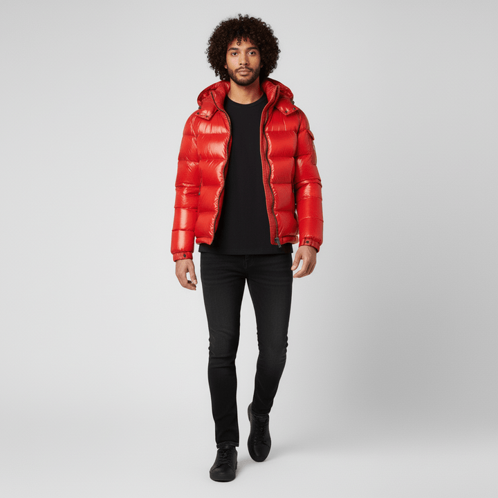 Herrarnas röda glänsande quiltade pufferjacka 'Nate'. Trendig vinterjacka för urban stil.