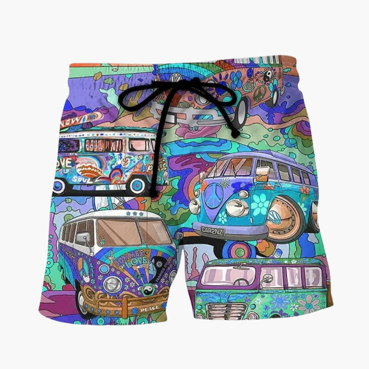 Närbild av mönstrade herrboardshorts. Det unika trycket och tyget syns tydligt. Ideal för strand och pool.