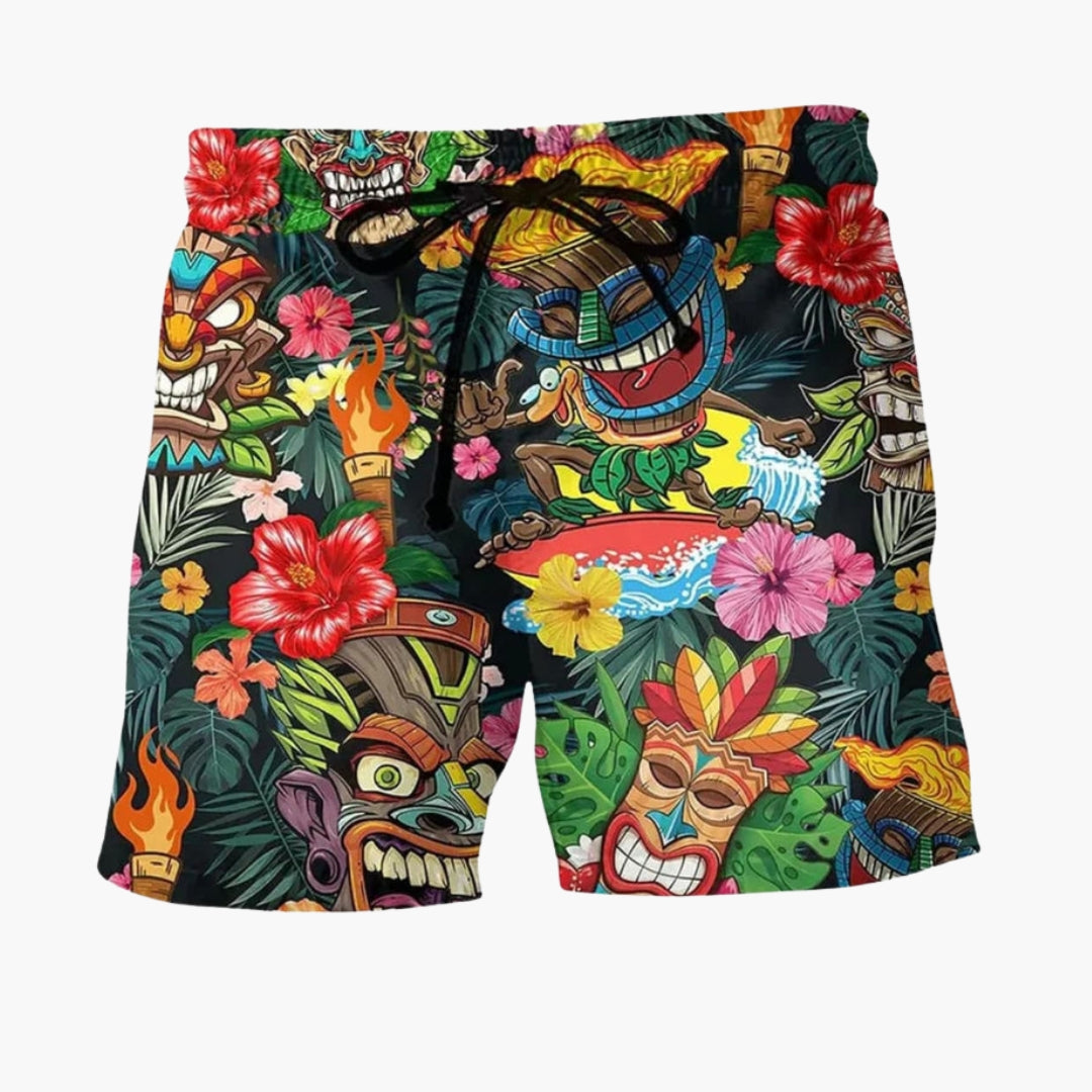 Detaljerad vy av Herrboardshorts med tryckt mönster, justerbar passform. Stilrena badshorts för sommarens alla äventyr.