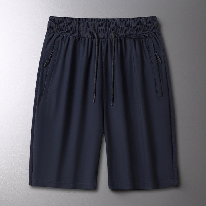 "Herrens sommar stretchiga sportshorts i grått, elastisk midja, praktiska fickor, perfekt för träning och fritid."