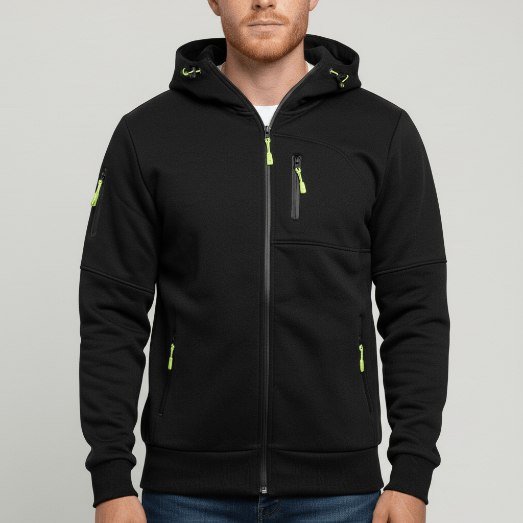 Mörkgrå herrjacka med huva och hel dragkedja. En praktisk och stilren hoodie för män.