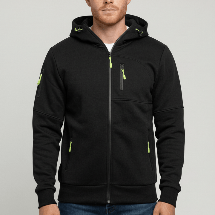 Mörkgrå herrjacka med huva och hel dragkedja. En praktisk och stilren hoodie för män.