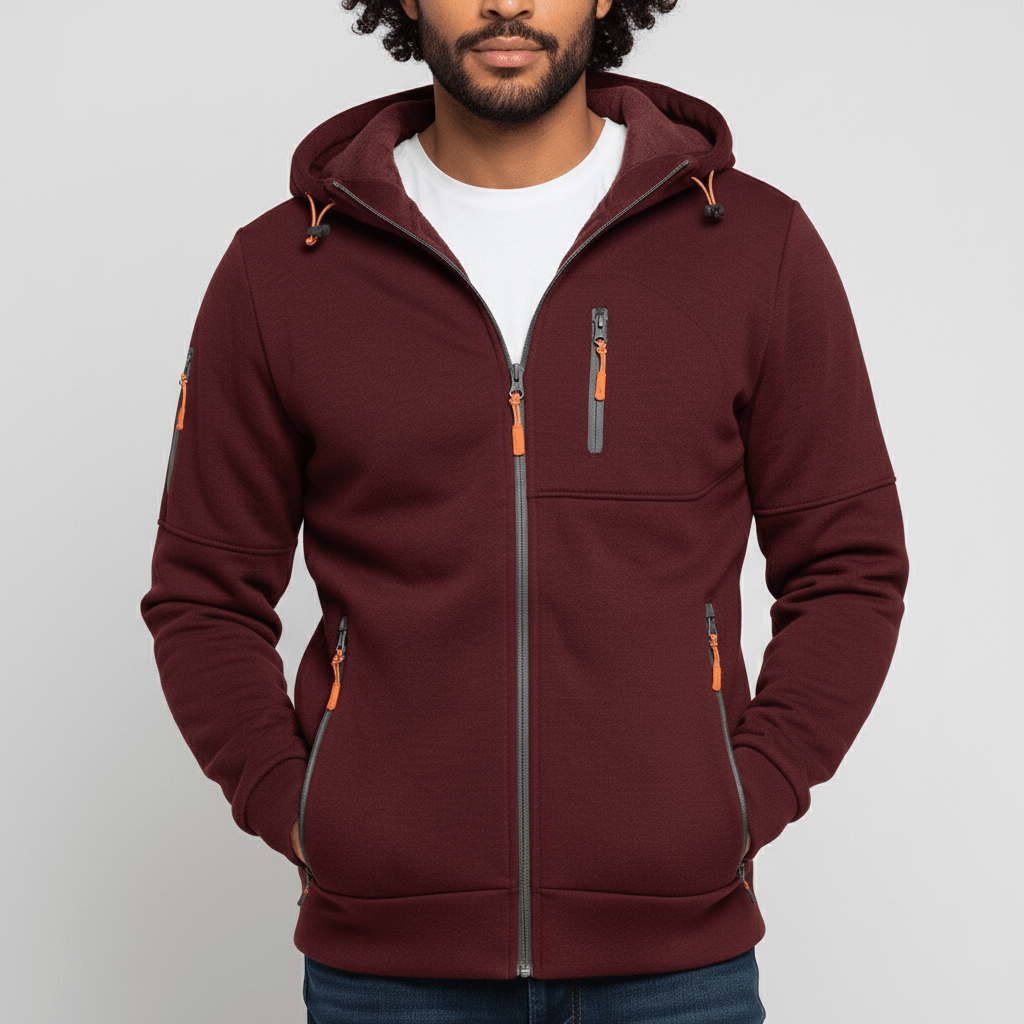 Herrjacka, svart hoodie med huva och dragkedja. Funktionell vardagsjacka för en aktiv livsstil.