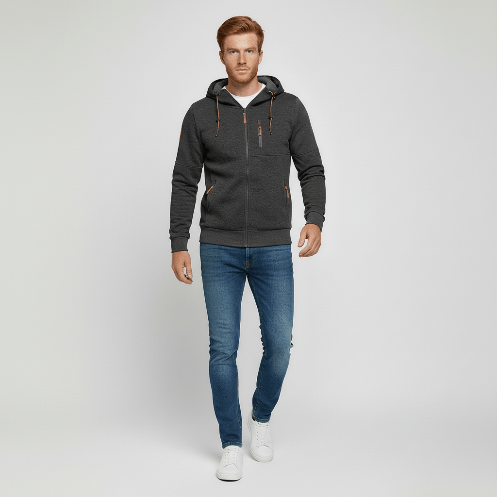 Oscar herrjacka, blå zip-through hoodie med huva. Perfekt för vardagsbruk och sportiga aktiviteter.