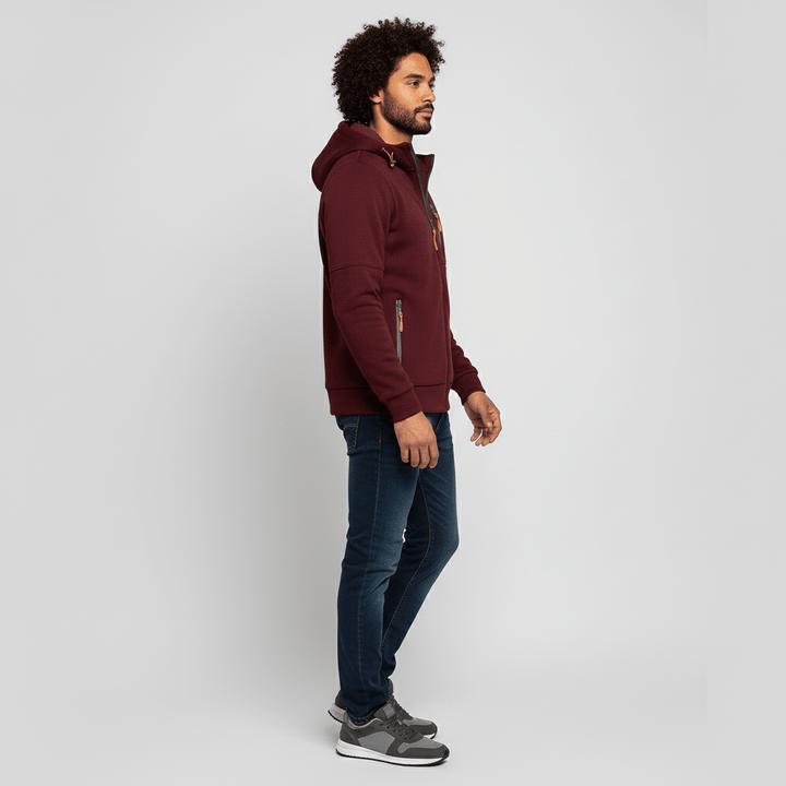 Blå herrhoodie med dragkedja, huva och justerbara snören. Idealisk för träning eller casual.