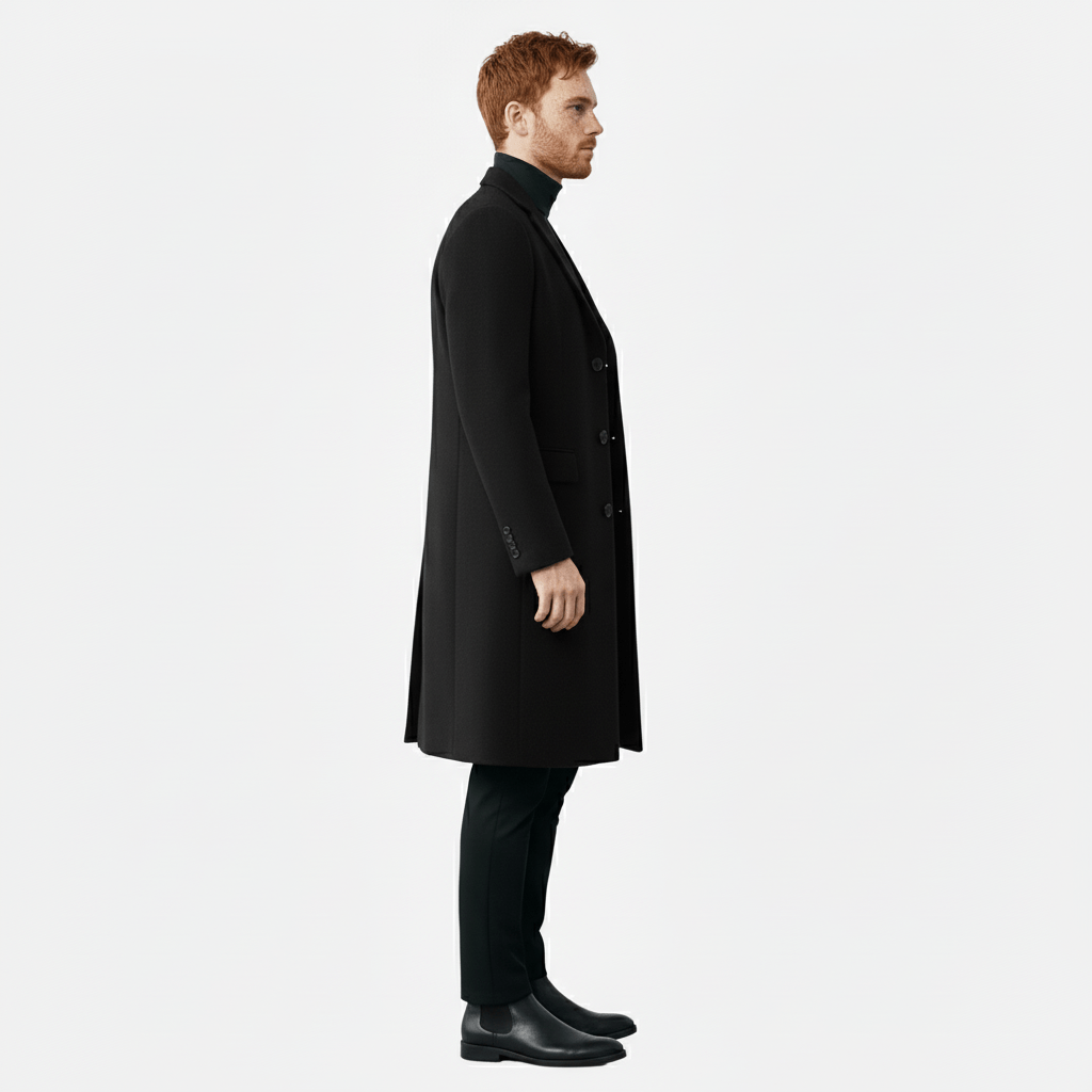Närbild på tyget i den eleganta vinterkappan, framhäver struktur och värme.