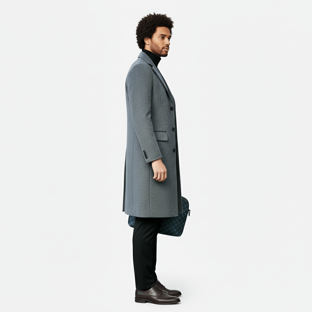 Man bär Phoenix knappslå herrkappa i urban miljö, modern herrmode-stil.