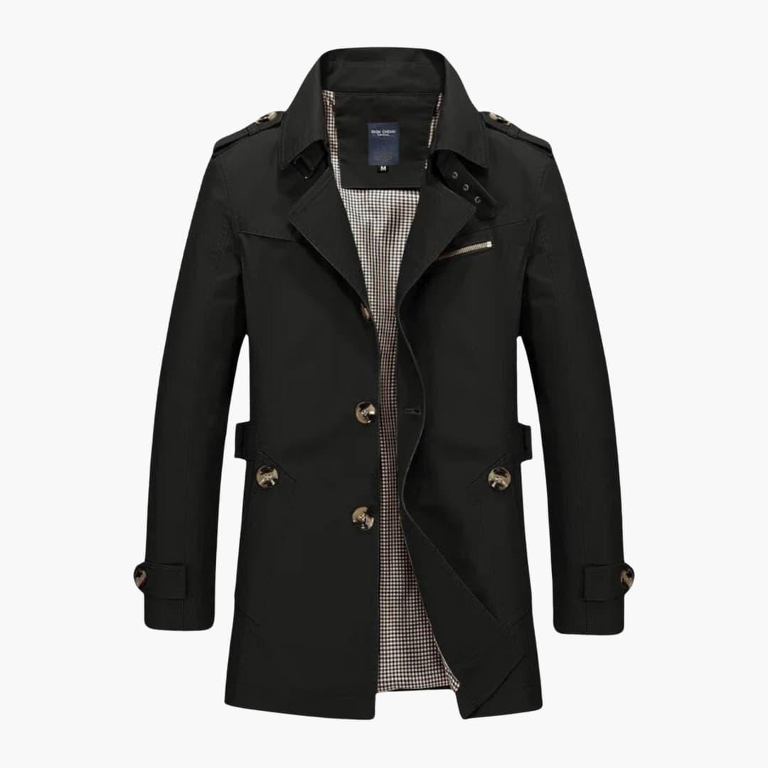 Elegant dubbelknäppt herr trenchcoat, stilren klassiker för både höst- och vårmode.