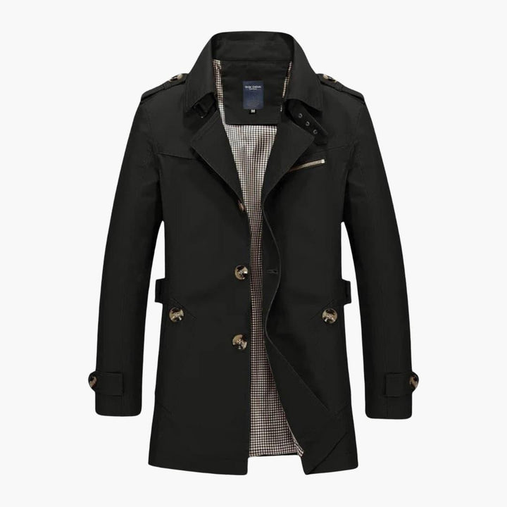 Elegant dubbelknäppt herr trenchcoat, stilren klassiker för både höst- och vårmode.
