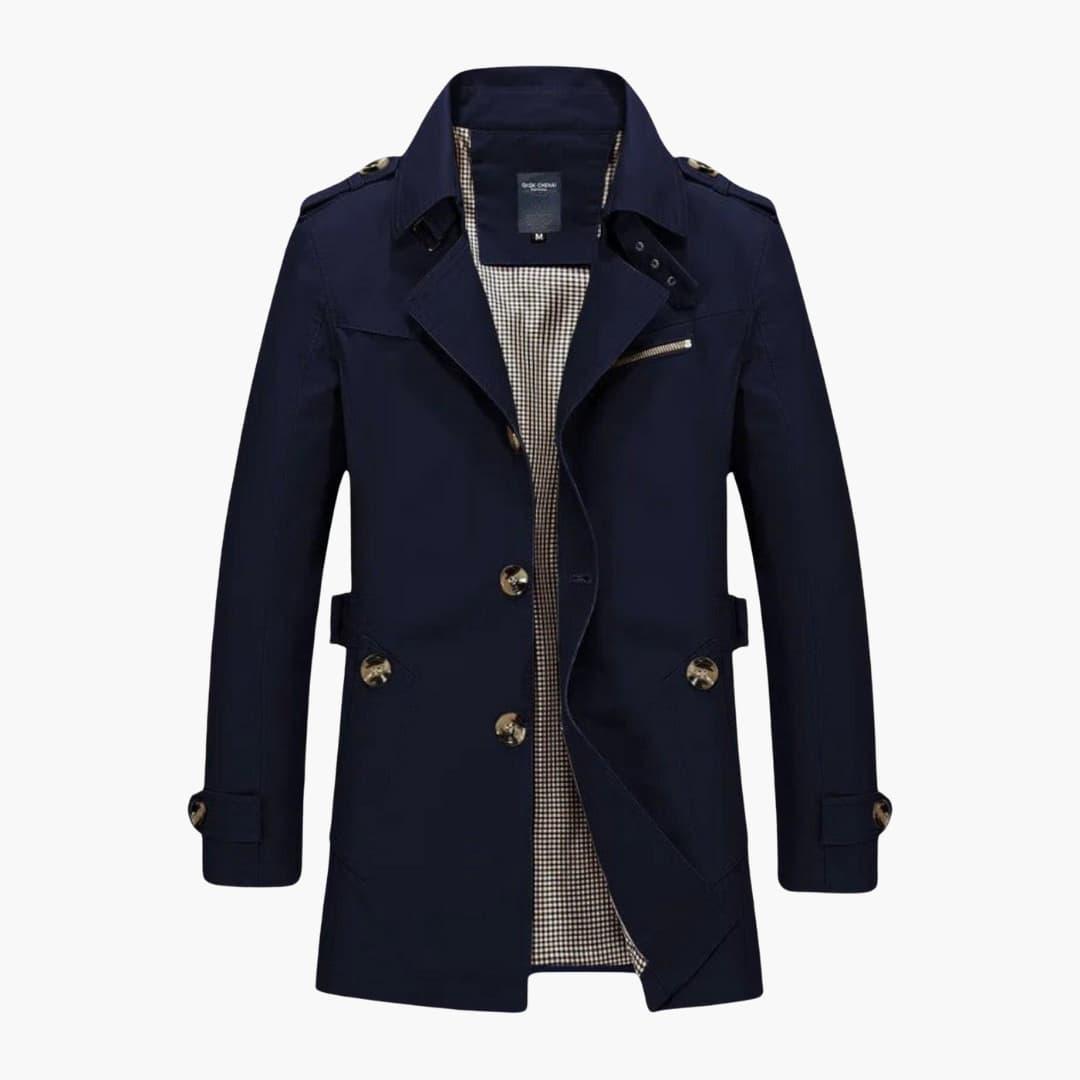 Tidlös herr trenchcoat med notchkrage, stilren och elegant kappa som ytterplagg.