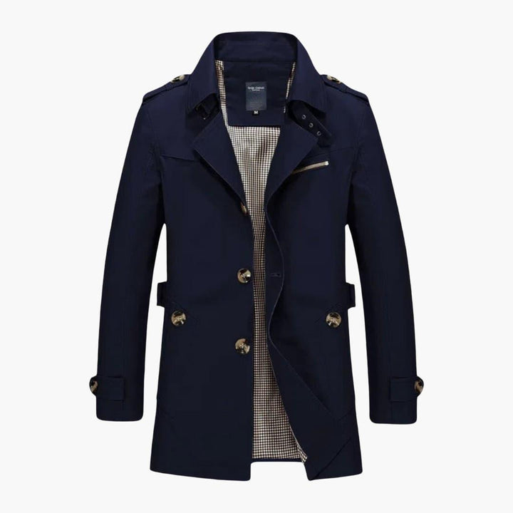 Tidlös herr trenchcoat med notchkrage, stilren och elegant kappa som ytterplagg.