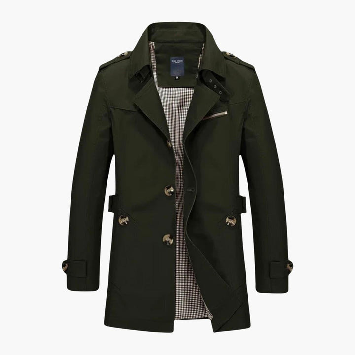 Elegant och stilren herr trenchcoat, en klassisk kappa med notchkrage för tidlös elegans.