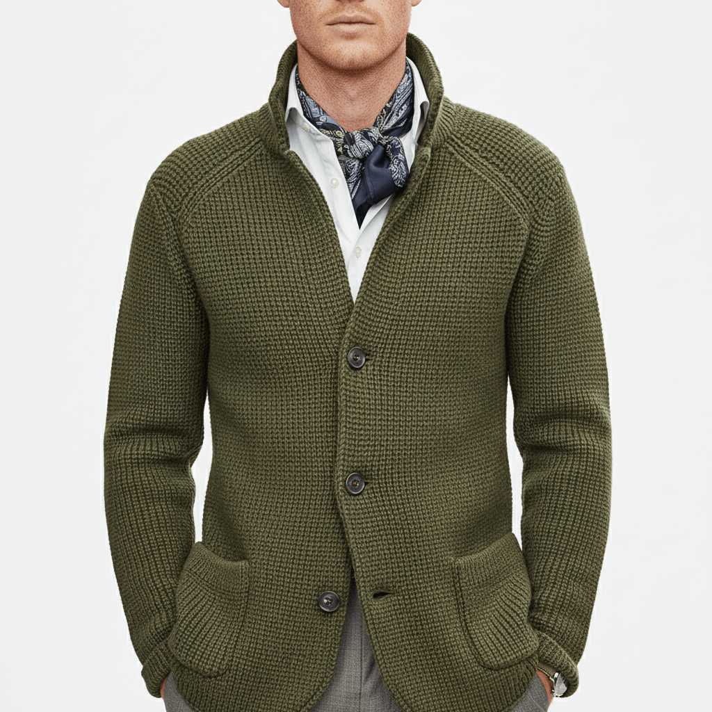 Platt lagd herrkofta Daniel. Långärmad, texturerad stickning, för höst och vinter. Bekväm och stilren.