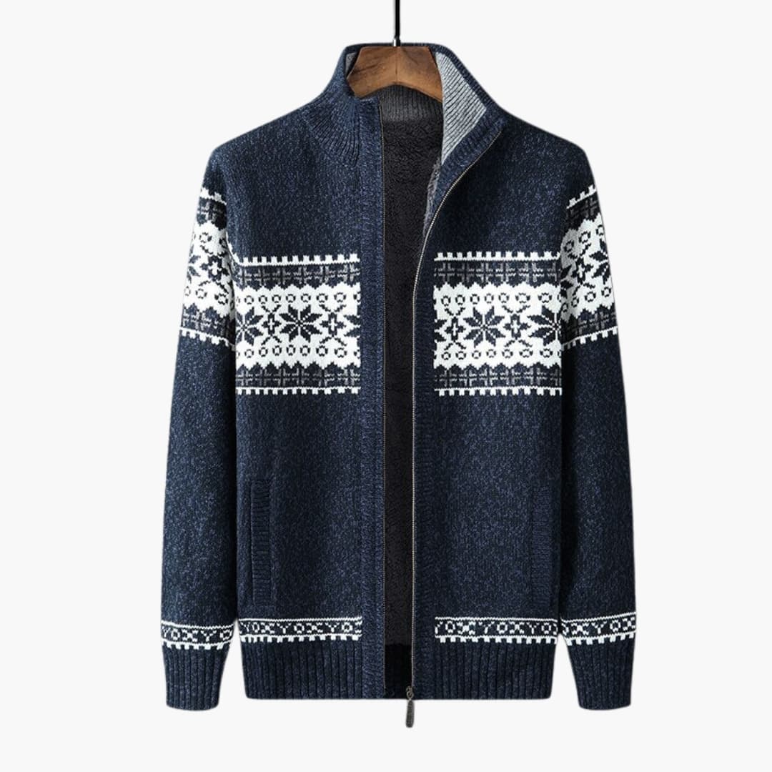 Herrkofta med dragkedja, stickat mönster. Klassisk herrkofta för vintermode och casual stil.