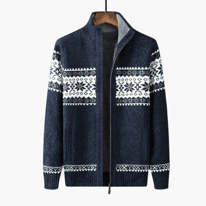 Herrkofta med dragkedja, stickat mönster. Klassisk herrkofta för vintermode och casual stil.