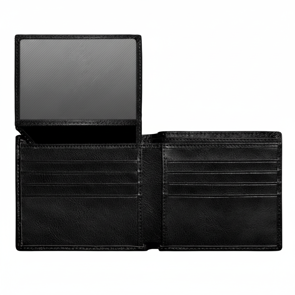 Svart LuxeWallet herrplånbok i äkta läder med avancerat RFID-skydd. En stilren och säker kortplånbok.
