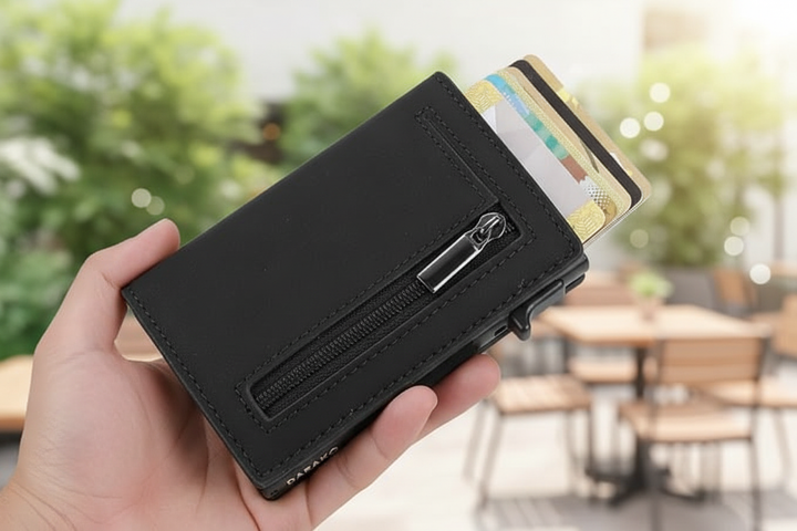 Herrplånbok med RFID-skydd i kompakt, elegant design. Säker läderplånbok för kort och kontanter.