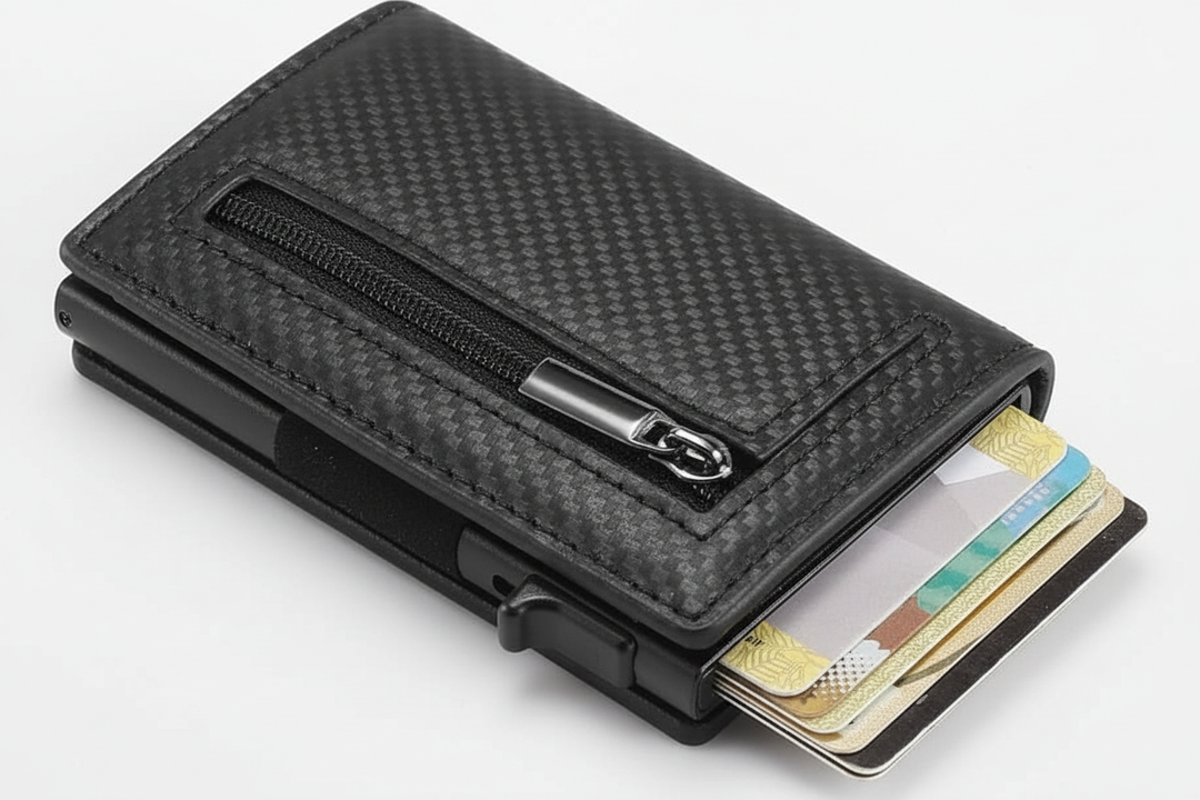 Svart kompakt herrplånbok i läder/kolfiber med RFID-skydd. Slimmad korthållare för män.