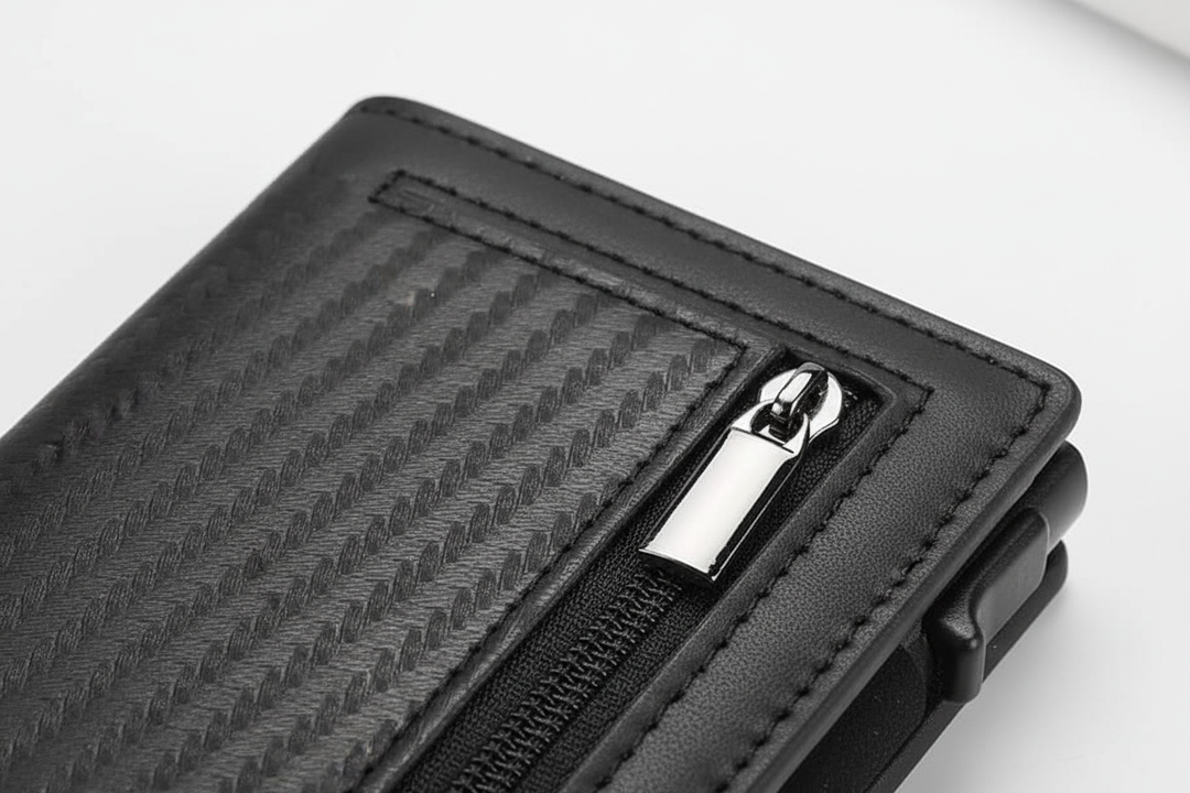 Elegant herrplånbok med RFID-skydd i aluminium och läder. Kompakt design för säker förvaring.
