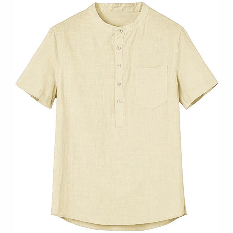 "Herrskjorta i bomullslinne med ståkrage, kortärmad, vit, elegant och modern för sommarbruk, herrmode."