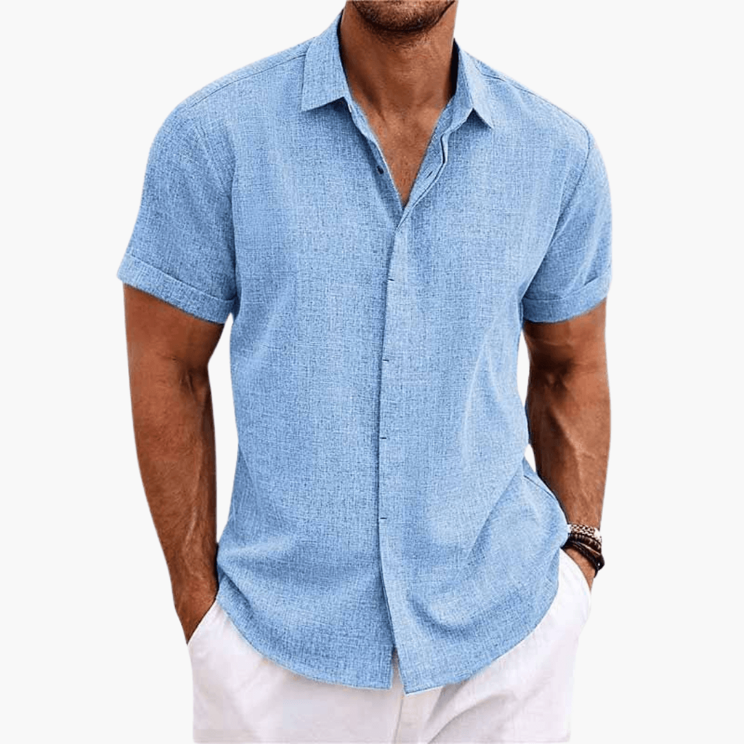 Herrskjorta med kort ärm för sommar, ledig stil. Sval, bekväm med knäppning. Perfekt för varma dagar.