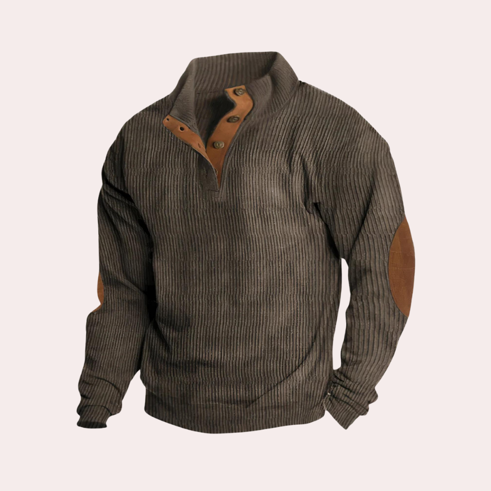 Ribbad manchester herrtröja i höstmode. Mjuk och bekväm pullover för en avslappnad men stilfull vardag.