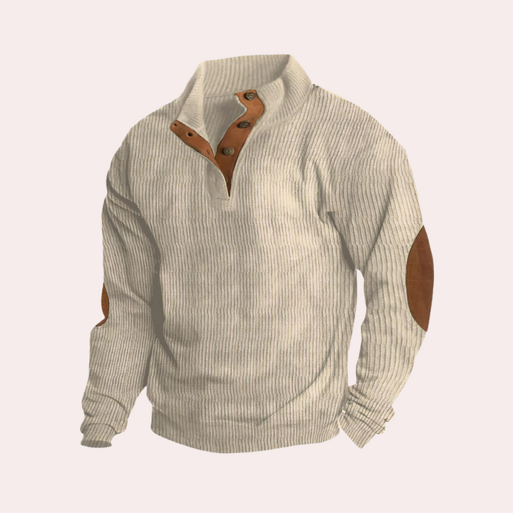 Herrtröja i manchester, ribbad pullover. Klassisk höstmode för män, bekväm och stilfull vardagslook.