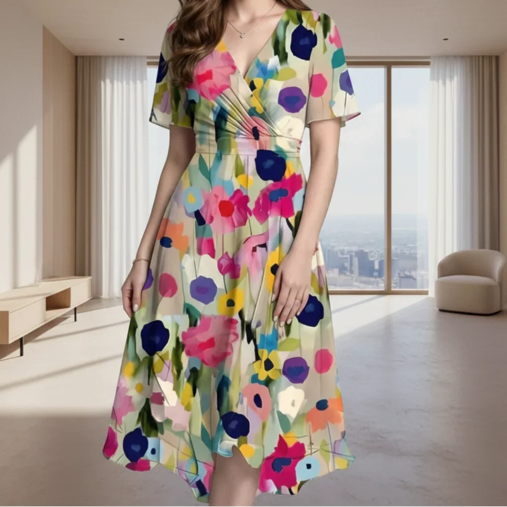 Damklänning i blommig design med midi-längd framifrån