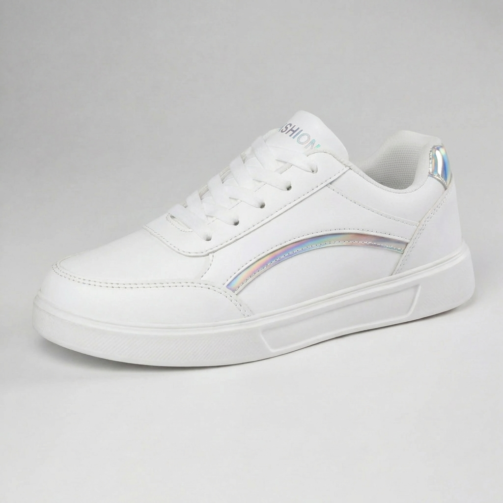 Vit dam sneaker med skimrande detaljer på vit bakgrund